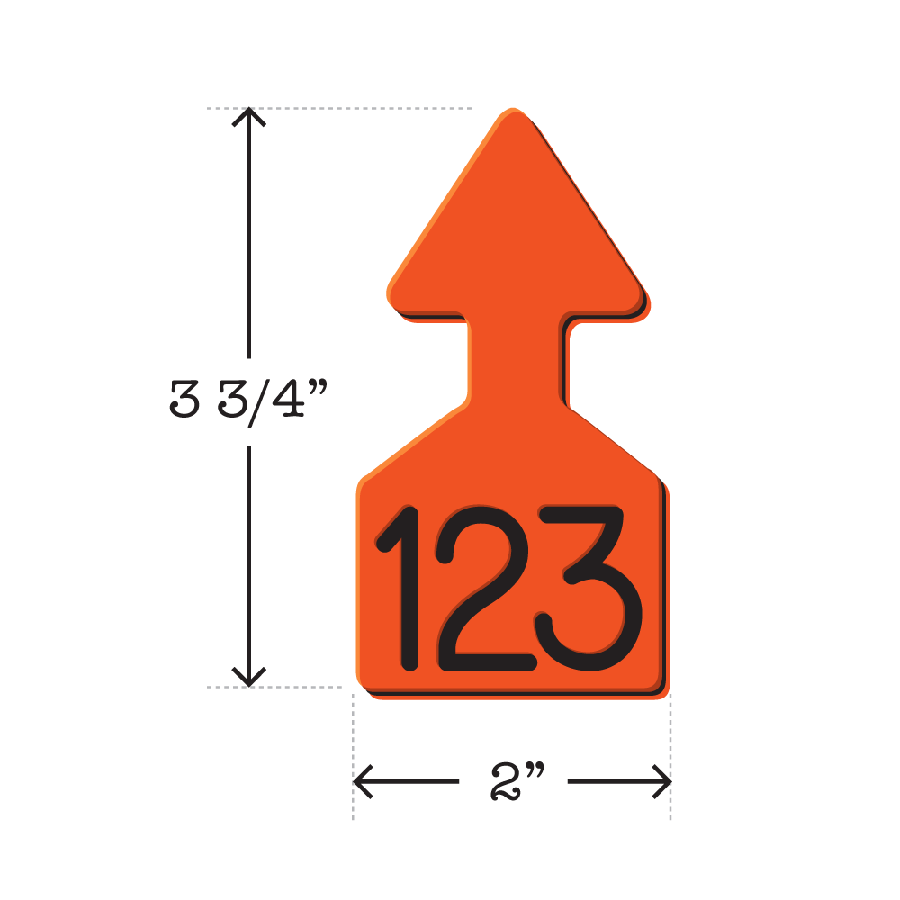 Dual colored orange and black, arrow shaped cattle ear tags Ideal for Calves. These Tags Can Be Used For A Variety Of Identification Purposes. Product Dimensions – Height: 3 3/4″, Width: 2.0″.