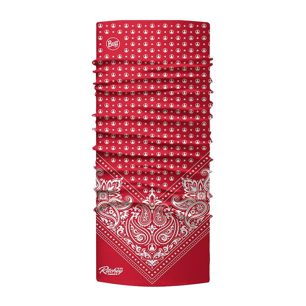 Red and White bandana print multi-functional neck gaiter features CoolNet® UV (95% recycled) - engineered with REPREVE® performance microfiber, HeiQ cooling technology, Polygiene® odor control and has a 4-Way ULTRA STRETCH fabric construction that features UPF 50 sun protection.