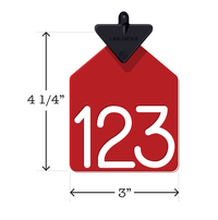 Custom engraved arrowhead, dual colored, one piece red and white, cattle ear tag. Size/Dimensions: Large. Height: 4 1/4″, Width: 3″