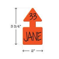 Dual colored orange and black, arrow shaped sports ID tag. Product Dimensions – Height: 3 3/4″, Width: 2.0″.