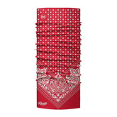Red and White bandana print multi-functional neck gaiter features CoolNet® UV (95% recycled) - engineered with REPREVE® performance microfiber, HeiQ cooling technology, Polygiene® odor control and has a 4-Way ULTRA STRETCH fabric construction that features UPF 50 sun protection.