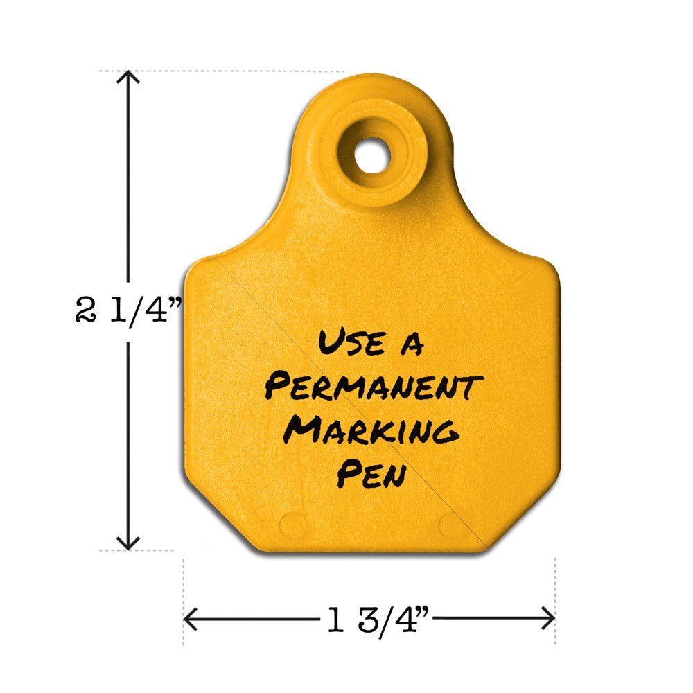 Write-on, two-piece, yellow, mini, calf, goat or sheep tag. Height is 2 1/4 and width is 1 3/4".