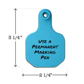 Write-on, two-piece, light blue, small, calf, goat or sheep tag. Height is 3 1/4 and width is 2 1/4".