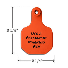 Write-on, two-piece, orange, small, calf, goat or sheep tag. Height is 3 1/4 and width is 2 1/4".