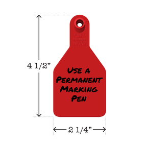Write-on, two-piece, red, medium calf tag. Height is 4 1/2 and width is 2 1/4".