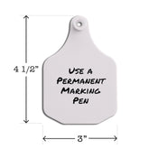 Write-on, two-piece, white, large cow tag. Height is 4 1/2 and width is 3".