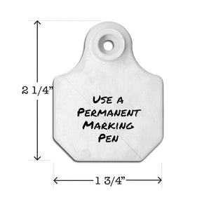 Write-on, two-piece, white, mini, calf, goat or sheep tag. Height is 2 1/4 and width is 1 3/4".