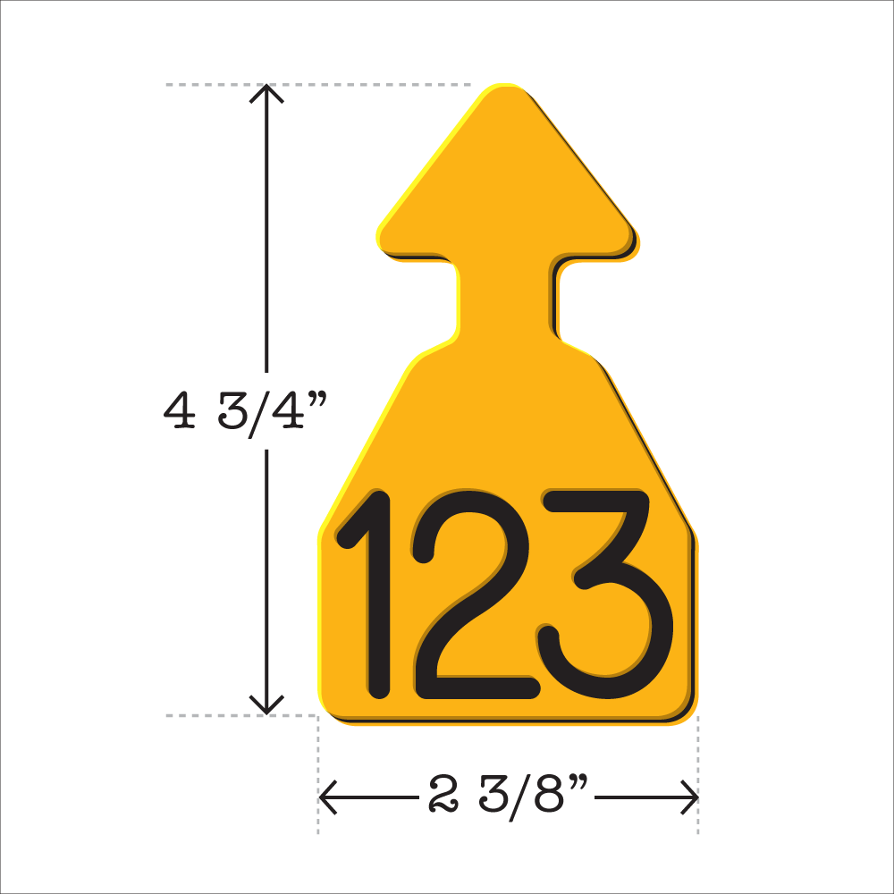 Yellow and black arrowhead shaped ID Tag for any size cattle. Installs with the Ritchey Arrowhead Installing Tool. These tags can be used for a variety of identification purposes. Product Dimensions – Height: 4 3/4″, Width: 2 3/8″.