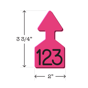 Dual colored pink and black, arrow shaped cattle ear tags Ideal for Calves. These Tags Can Be Used For A Variety Of Identification Purposes. Product Dimensions – Height: 3 3/4″, Width: 2.0″.