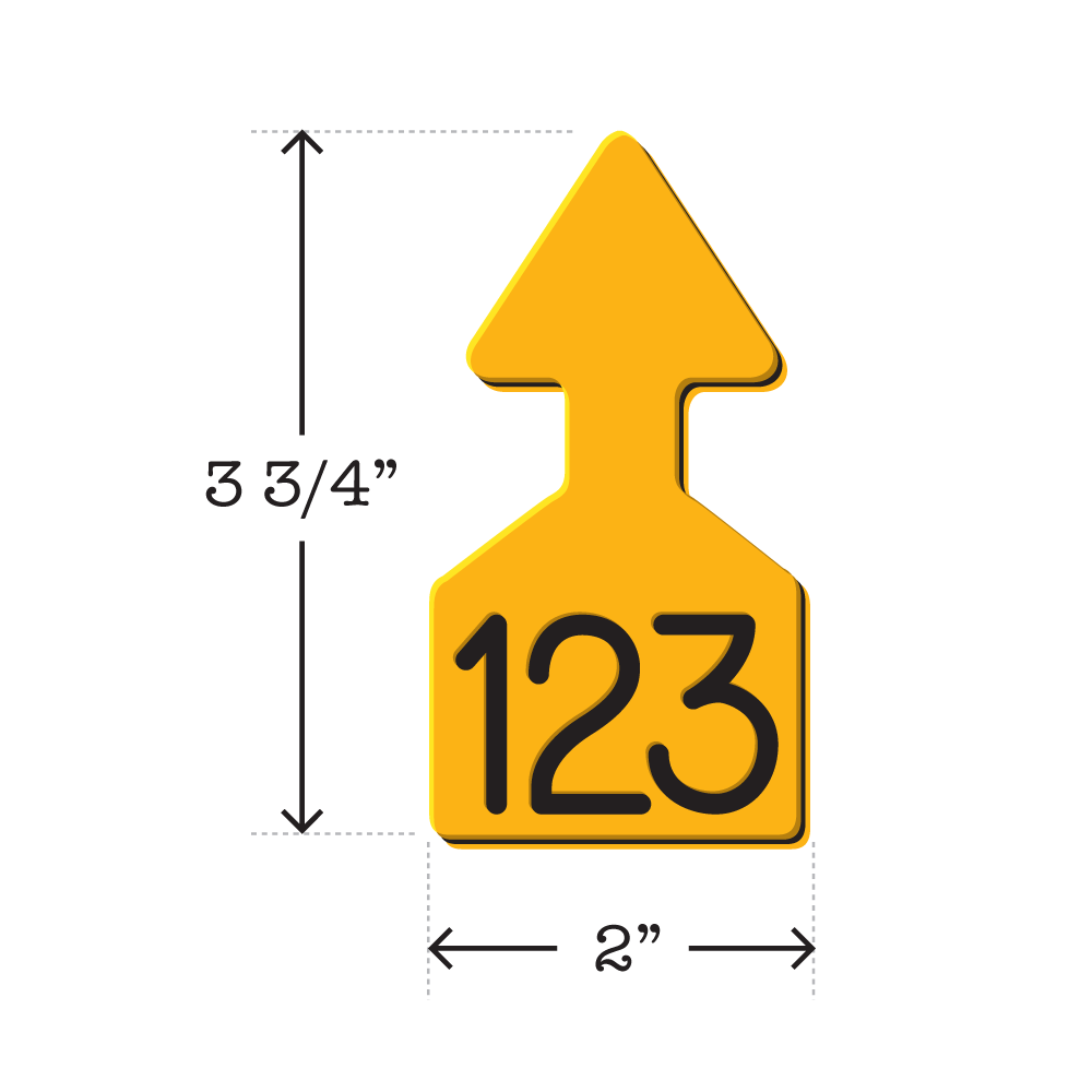 Dual colored yellow and  black, arrow shaped cattle ear tags Ideal for Calves. These Tags Can Be Used For A Variety Of Identification Purposes. Product Dimensions – Height: 3 3/4″, Width: 2.0″.