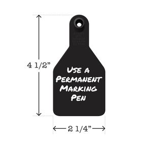 Write-on, two-piece, black, medium calf tag. Height is 4 1/2 and width is 2 1/4".
