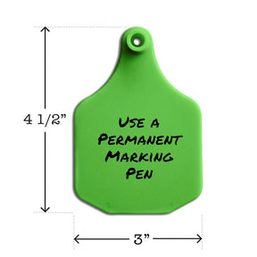 Write-on, two-piece, green, large cow tag. Height is 4 1/2 and width is 3".
